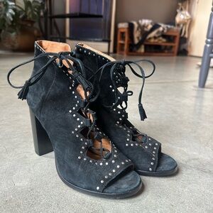 Frye Black Suede Studded Lace-Up Tassel Heeled Bootie Open Toe
